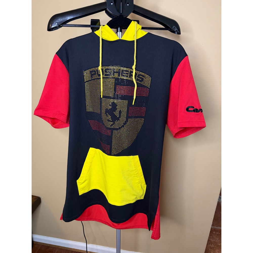 Hudson Outerwear Mens XL Short Sleeve Hoodie Rhinestone Shield Carrera Black Red